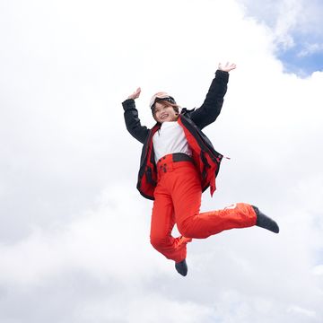 Jumping, Red, Sky, Parachuting, Happy, Fun, Air sports, Extreme sport, Leisure, Cloud, 