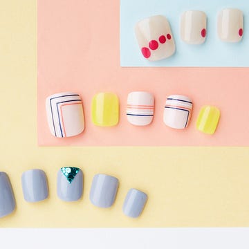 Nail, Nail polish, Cosmetics, Nail care, Yellow, Manicure, Pink, Finger, Artificial nails, Material property, 