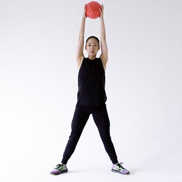 Shoulder, Standing, Arm, Joint, Leg, Kettlebell, Knee, Sports equipment, Exercise equipment, Balance, 