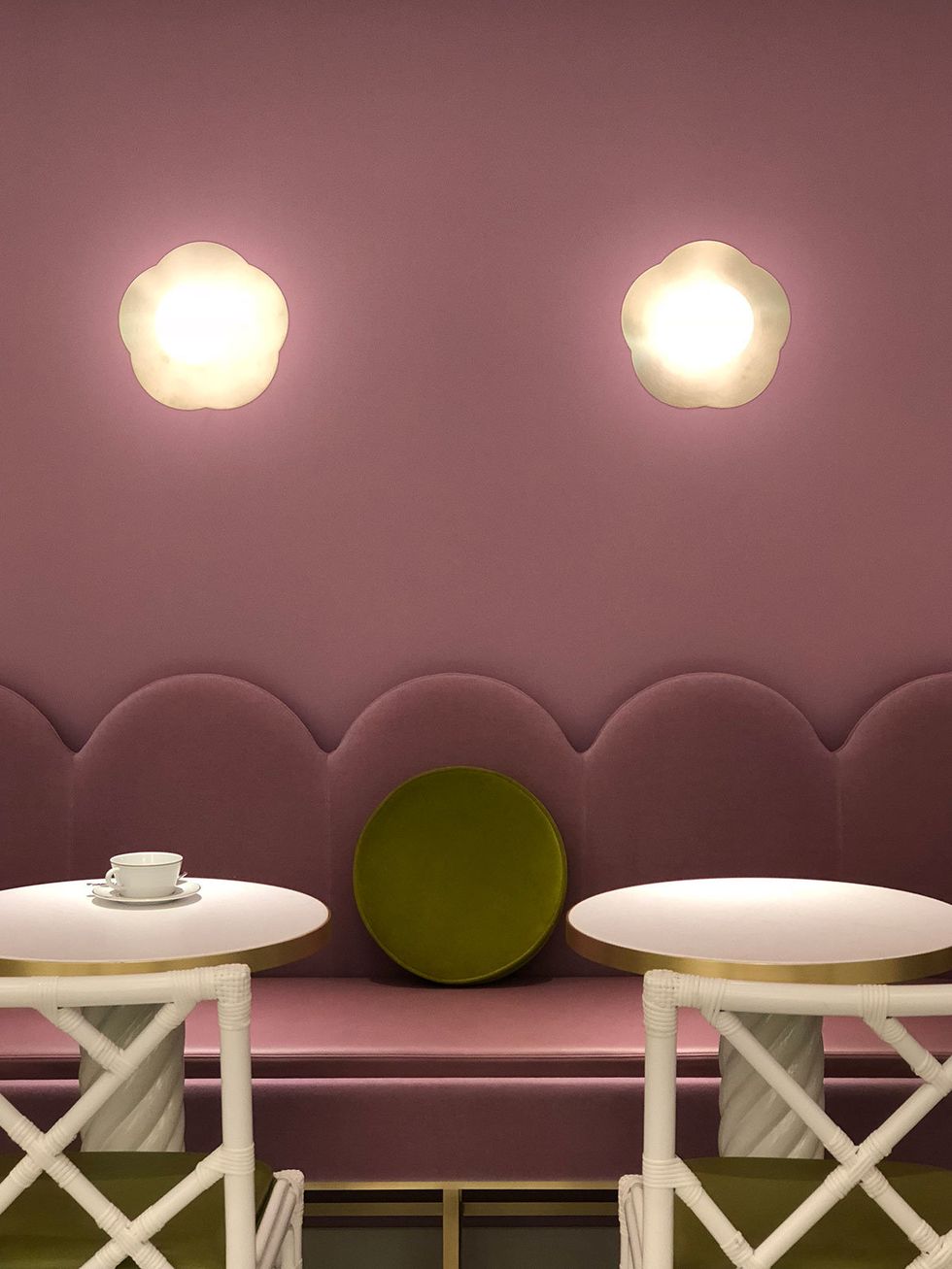Ceiling, Purple, Light, Lighting, Violet, Wall, Room, Lighting accessory, Nightlight, Table, 