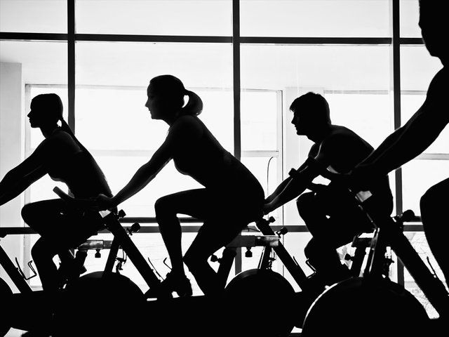 Bicycle, Cycling, Vehicle, Indoor cycling, Silhouette, Recreation, Black-and-white, Leisure, Sports equipment, 