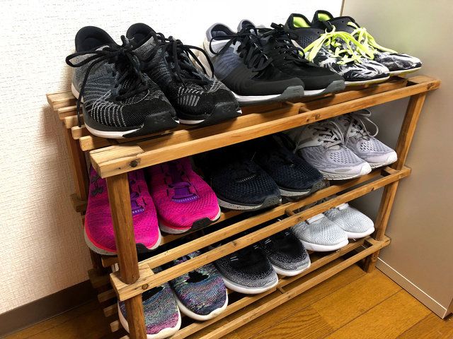 Footwear, Shelf, Shoe, Sportswear, Shelving, Athletic shoe, Shoe organizer, Sneakers, Room, Furniture, 
