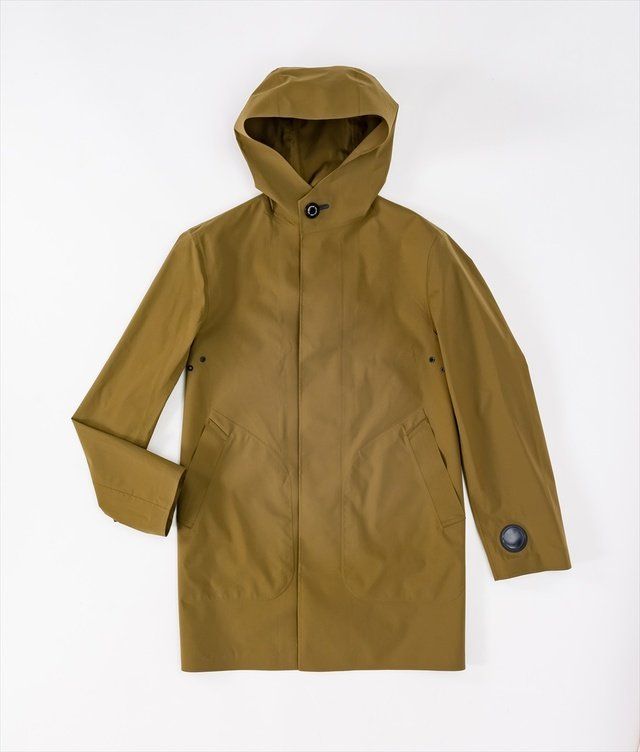 Outerwear, Clothing, Jacket, Hood, Sleeve, Raincoat, Coat, Parka, Rain suit, Beige, 