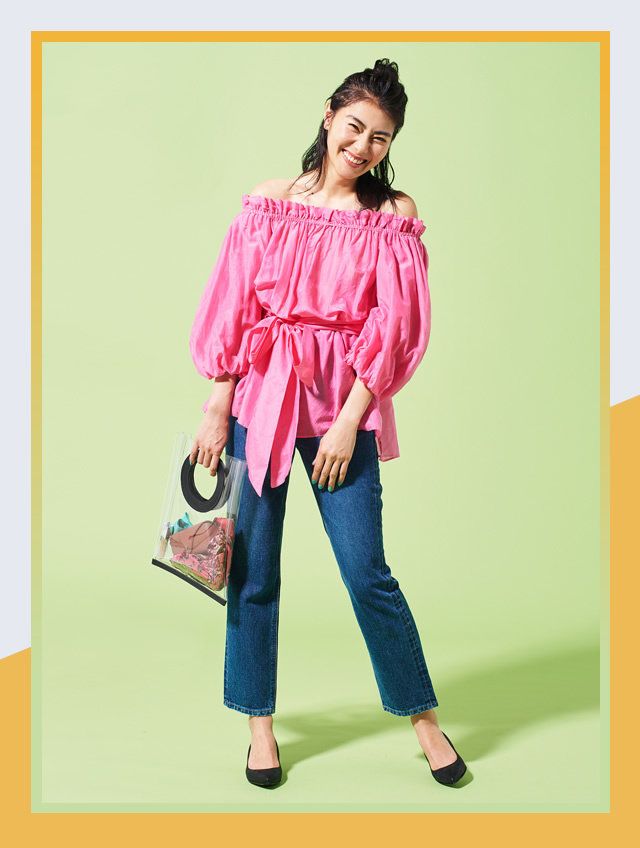 Clothing, Pink, Yellow, Fashion, Shoulder, Blouse, Jeans, Footwear, Fashion model, Peach, 