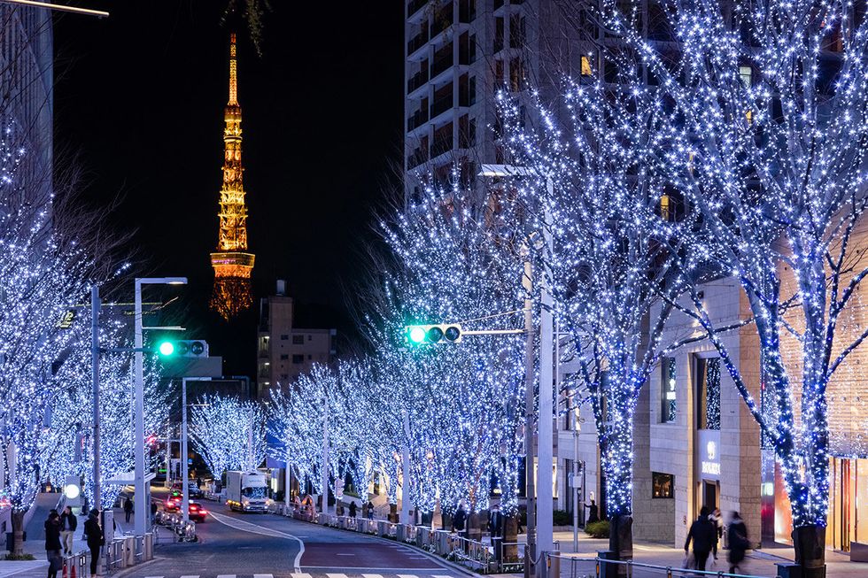 Metropolitan area, Landmark, Christmas lights, Blue, Lighting, Light, Architecture, Tree, Metropolis, Urban area, 