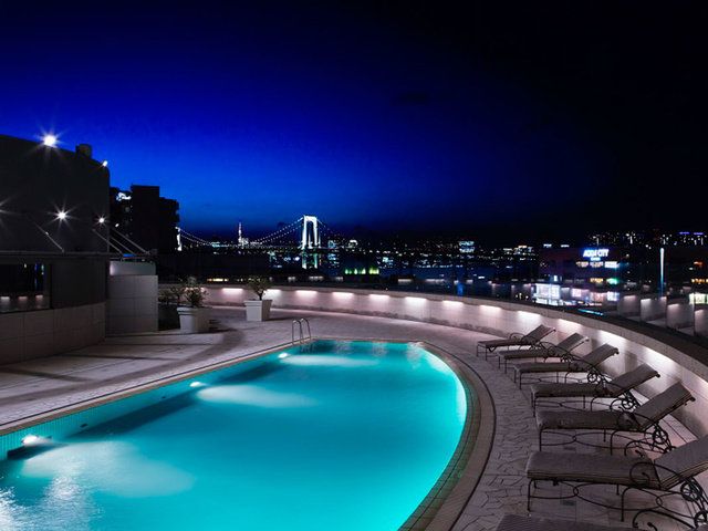 Swimming pool, Sky, Night, Blue, Lighting, Light, Property, Architecture, Building, Real estate, 
