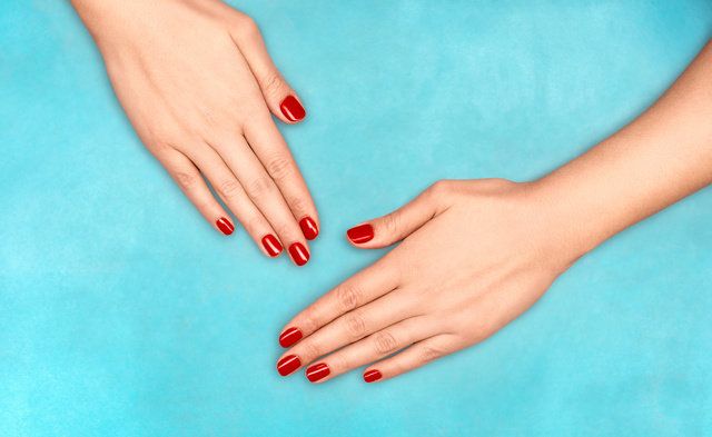 Nail, Nail polish, Manicure, Finger, Nail care, Cosmetics, Red, Hand, Skin, Turquoise, 