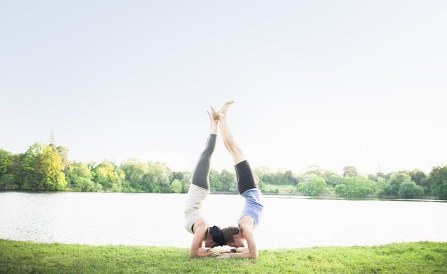 People in nature, Photograph, Physical fitness, Yoga, Grass, Shoulder, Sky, Leg, Sportswear, Stretching, 