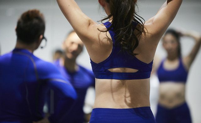 Blue, Cheerleading, Cobalt blue, Electric blue, Dance, Arm, Undergarment, Physical fitness, Muscle, Sports bra, 