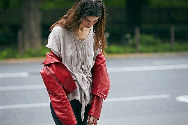 Clothing, Street fashion, Red, Fashion, Outerwear, Beauty, Jeans, Pink, Jacket, Footwear, 
