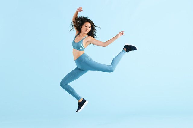 Jumping, Blue, Athletic dance move, Leggings, Happy, Leg, Dancer, Footwear, Photo shoot, Photography, 
