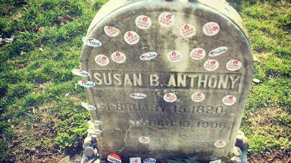 Women Leave "I Voted" Stickers On Susan B. Anthony's Grave