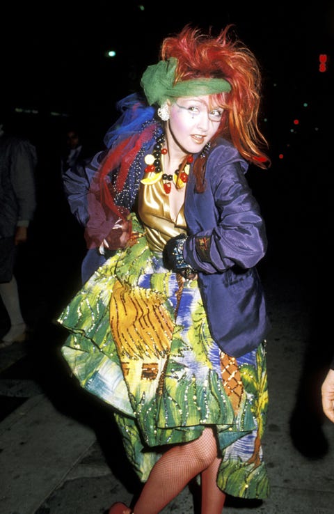 <p>Cyndi Lauper keeping it quirky in a very '80s mash-up of colors and prints.&nbsp;</p>