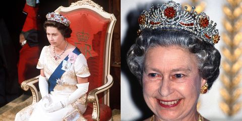 <p>The queen was given almost 100 Burmese rubies for her wedding day, and had them made into a <a href="http://orderofsplendor.blogspot.com/2012/05/tiara-thursday-burmese-ruby-tiara.html" target="_blank" data-tracking-id="recirc-text-link">tiara</a> in 1973. She combined the rubies with diamonds made from a different dismantled tiara<span class="redactor-invisible-space" data-verified="redactor" data-redactor-tag="span" data-redactor-class="redactor-invisible-space"></span>. #TooManyTiaras<span class="redactor-invisible-space" data-verified="redactor" data-redactor-tag="span" data-redactor-class="redactor-invisible-space"></span></p>