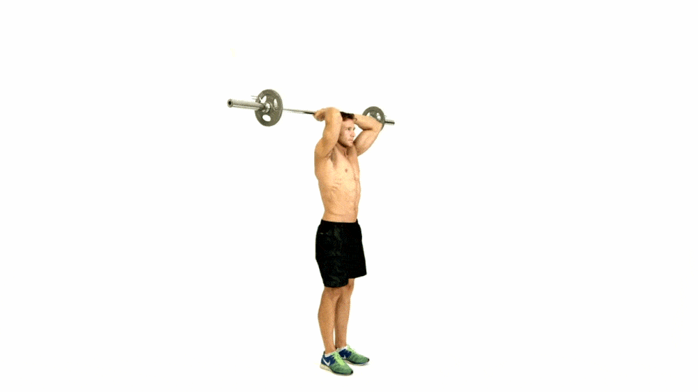 Weights, Exercise equipment, Overhead press, Barbell, Shoulder, Free weight bar, Arm, Sports equipment, Standing, Joint, 