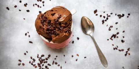 Cup of vegan chocolate banana ice cream decorated with cacao nibs