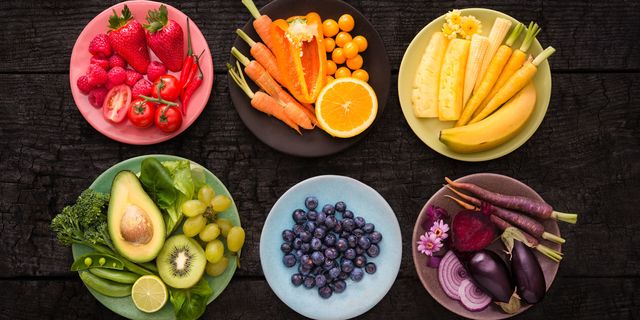 Bowls of fruit and vegetables color co-ordinated