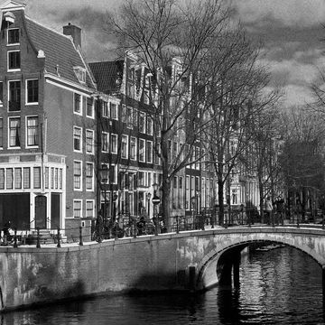 Canal, Waterway, Water, Black-and-white, Monochrome, Architecture, Town, Monochrome photography, Tree, Urban area, 