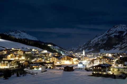 Snow, Winter, Mountain, Sky, Night, Town, Mountain range, Resort, Alps, Ski resort, 