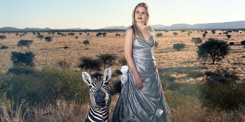 Photograph, Zebra, Dress, Beauty, Wildlife, Grassland, Ecoregion, Fashion, Neck, Plain, 