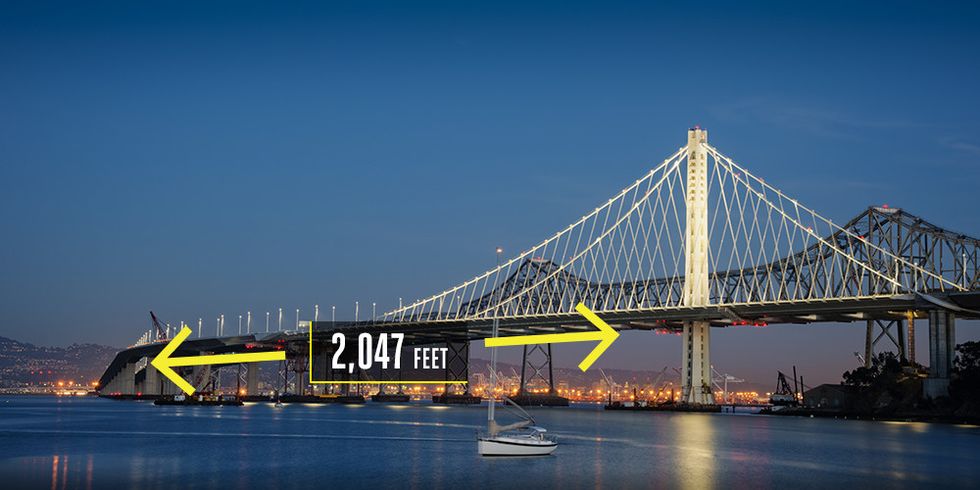 <p><strong>Oakland</strong></p><p>The San Francisco Bay Area is lucky enough to have two internationally reknowned bridges. The new <a href="http://www.popularmechanics.com/technology/infrastructure/a9396/how-they-built-the-record-setting-new-bay-bridge-span-15859172/">Bay Bridge East Span</a>, a $6.4 billion project, replaced a seismically unstable bridge. It has the world's largest self-anchored suspension span, a 2,047-foot span anchored by a single 525-foot-tall tower that holds a single mile-long main cable containing 17,399 steel wire strands.</p>