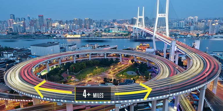 <p><strong>Shanghai, China</strong></p><p>The Nanpu Bridge features an impressive seven-lane, 2,500-foot cable-stay component over the Huangpu River. But honestly, it's the four miles of bridge that doesn't cross the river that offers the most intrigue. A circular elevated approach stretches from land and wraps up, bringing vehicles to the height of the crossing in the midst of the heavily congested downtown Shanghai.</p>