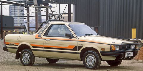 <p>Subaru is somewhat quirky compared with its mainstream rivals now, but it was all out bonkers in the late 1970s. Behold, the BRAT, an El Camino'd Subaru Leone sedan made for the U.S. market.</p><p>The BRAT, or, <strong>B</strong>i-drive <strong>R</strong>ecreational <strong>A</strong>ll-terrain <strong>T</strong>ransporter, had two rear-facing seats installed in the bed to circumvent U.S. restrictions on imported trucks. This is Subaru at its strangest and best.</p>