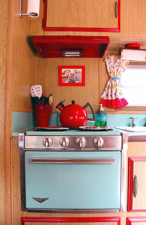 Room, Red, Kitchen, Kitchen appliance, Cabinetry, Cupboard, Drawer, Maroon, Major appliance, Wood stain, 
