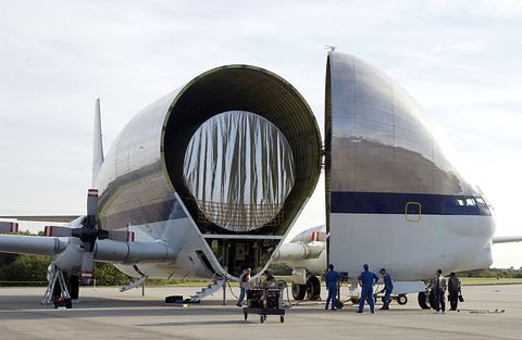 <p>NASA's preferred plane for transporting spacecraft and other large objects, the Super Guppy, is actually an older design. The first one flew in 1965 and was constructed directly from the fuselage of a <a href="https://en.wikipedia.org/wiki/Boeing_C-97_Stratofreighter">Boeing C-97 Stratofreighter</a><a href="https://en.wikipedia.org/wiki/Boeing_C-97_Stratofreighter"></a>, which was lengthened and ballooned out for larger payloads. One was used recently to <a href="http://www.popularmechanics.com/space/g1914/today-in-photos-nasa/?slide=1">transport an Orion spacecraft</a> that is scheduled to launch on the first Space Launch System Rocket in 2018.</p>