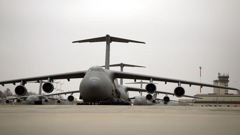 <p>Slightly smaller than the Antonov Condor, Lockheed's C-5 Galaxy is the largest aircraft routinely operated by the U.S. military. With a payload capacity of almost 240,000 pounds, the Lockheed Galaxy is capable of carrying two <a href="http://i.imgur.com/BGiAWHx.jpg">M1 Abrams main battle tanks</a>, 16 Humvees, or a variety of <a href="http://imgur.com/gallery/PwzZV">other vehicles</a>.</p>