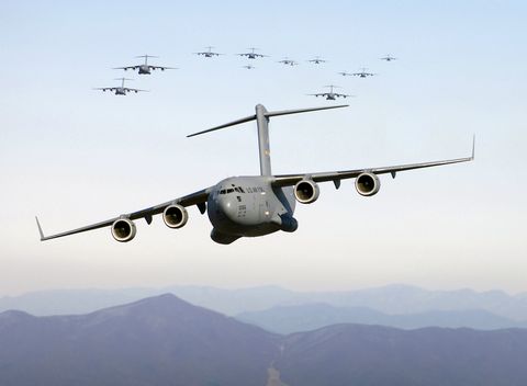 <p>The Boeing C-17 Globemaster III's first flight was in September 1991 and more than 250 of these beauties have been built. The Globemaster III is the major cargo workhorse for the U.S. military, transporting troops and cargo, performing airlifts and medical evacuations, and flying airdrop routes all over the world. </p>