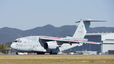 <p>Kawasaki Heavy Industries' C-2 cargo aircraft is still in a development and flight-testing phase. It was originally scheduled to go into production in 2014 to replace the Kawasaki C-1 used by the Japan Air Self-Defense Forces (JASDF).  With a payload capacity of almost 83,000 pounds, the Kawasaki C-2 will be able to transport more than 3 times the weight of the C-1. </p>