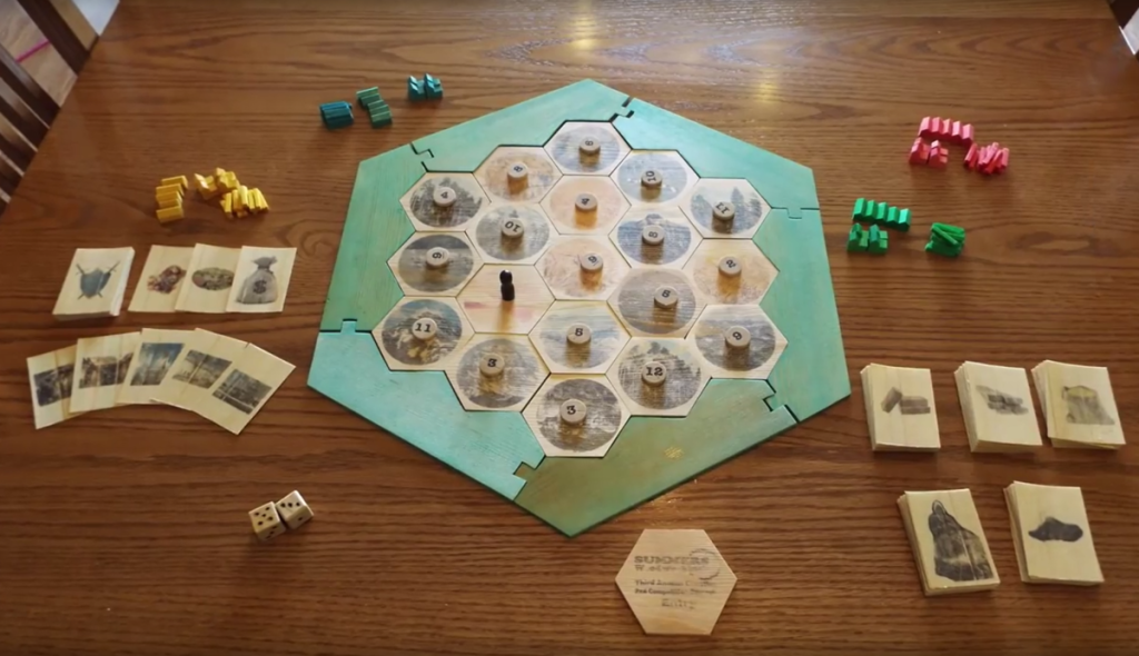 <p>Here's a DIY version of the popular board game Settlers of Catan that's built entirelyf from a single 8-foot 2 x 4—that includes the board tiles, game pieces, dice, robber, and everything else. The game cards are made from the wood and thin shavings.</p><p><a href="http://www.popularmechanics.com/culture/a19614/woodworker-crafts-entire-settlers-of-catan-game-from-a-single-2x4/">Settlers of Catan board game</a></p>