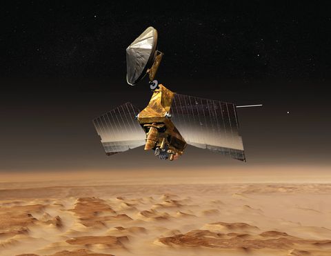 NASA's Mars Reconnaissance Orbiter passes above a portion of the planet called Nilosyrtis Mens' after it reaches its science orbit in about January of 2006 in this artist's concept illustration. The HiRISE camera is the larger gold tube-shaped instrument on the lower left of the spacecraft, which is pointing at the Martian surface. Other instruments can be seen to the right of HiRISE. JPL -- NASA