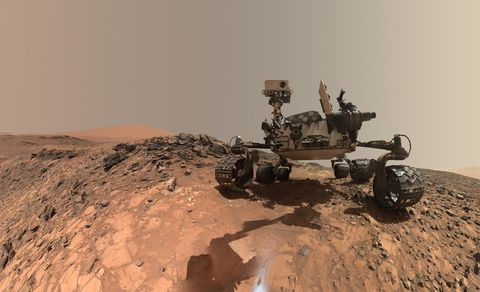 This low-angle self-portrait of NASA's Curiosity Mars rover shows the vehicle at the site from which it reached down to drill into a rock target called "Buckskin." The MAHLI camera on Curiosity's robotic arm took multiple images on Aug. 5, 2015, that were stitched together into this selfie.