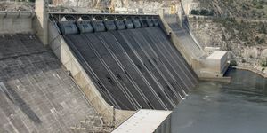 Infrastructure, Water resources, Dam, Slope, Reservoir, Concrete, Composite material, Channel, Chute, Stadium, 