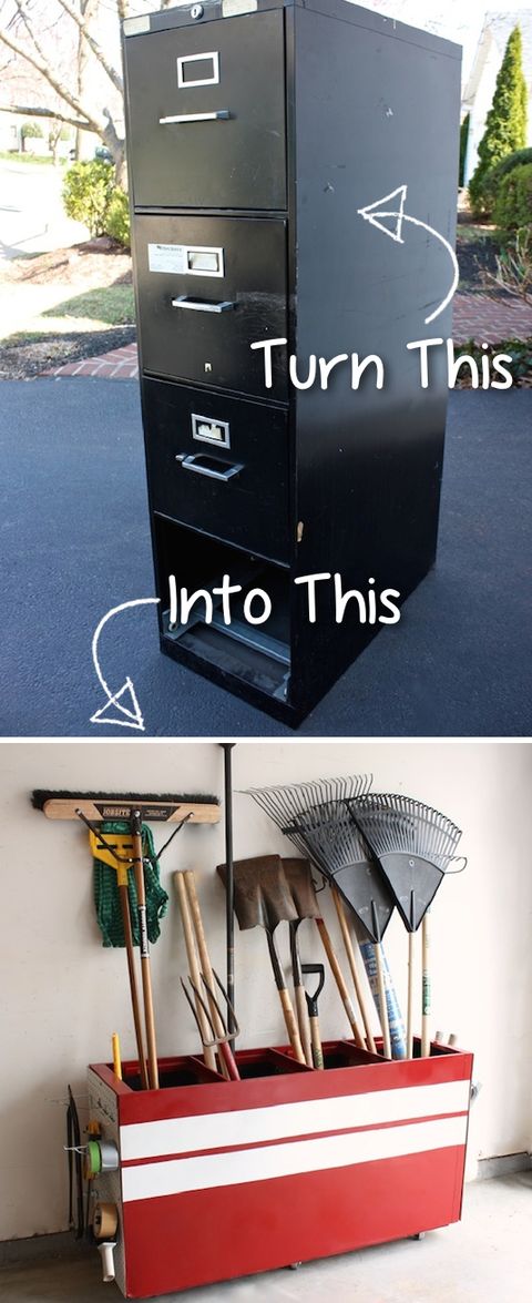 <p>A transformed filing cabinet is the perfect place to store rakes, shovels, and more. </p><p><strong>Get the tutorial at <a href="http://blog.tttreasure.com/2012/turning-your-old-file-cabinet-into-a-garage-storage-favorite/" target="_blank">Trash to Treasure Blog</a></strong><strong>. </strong></p>