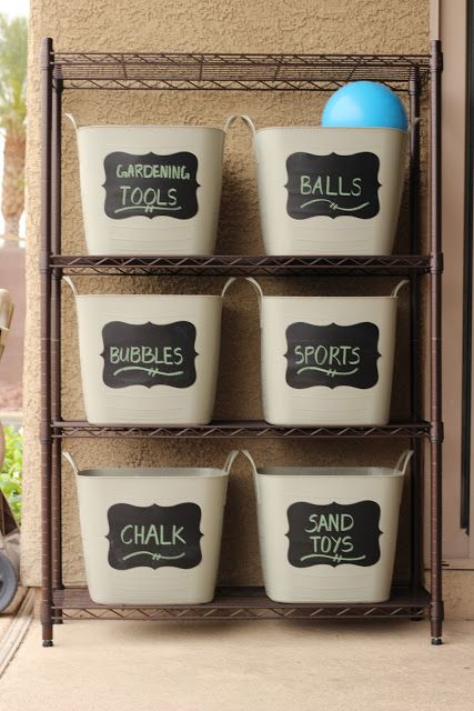 <p>These chalkboard labels are durable and easy to work with—in other words, they're perfect for a messy garage. </p><p><strong>Get the tutorial at <a href="http://mooshagirl.blogspot.com/2013/05/outdoor-toy-storage.html" target="_blank">Moosha Girl</a>. </strong></p>