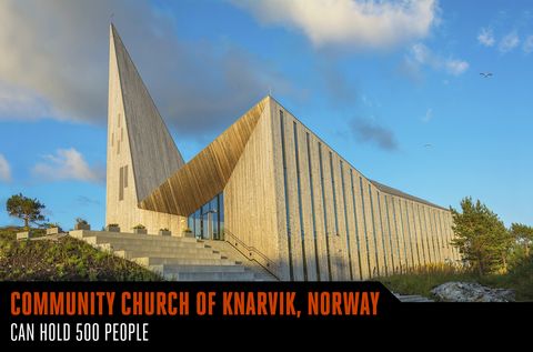 <p>Found in Hordaland, Norway, about 45 miles west of Bergen's Treet, the Knarvik Church opened in 2014 embracing wood in an angular style. Architect Reiulf Ramstad clad the exterior in pre-weathered pine that accents the pointed pyramidal steeple. Located atop a rocky bluff, the beauty of wood extends inside to the 500-person worship area.</p>
