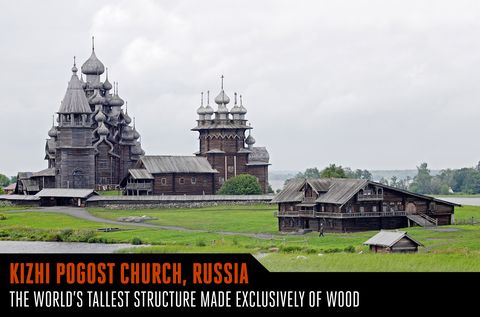 <p>Soaring to 123 feet, this is reportedly the world's tallest structure made exclusively of wood, including the frame and rivets. Located on Kizhi Island in Russia, the church was finished in 1862 without any metal of any sort (a steel frame was added in the 1980s). With 22 domes and an internal vault, the Russian Orthodox church has stood without anything other than timber as its support for over 150 years.</p>
