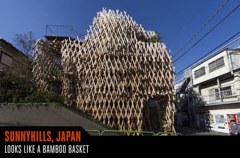 <p>Pineapple cakes on the inside and an intricate wooden lattice structure on the outside highlight this SunnyHills cake shop in Japan. Famed wood builder Kengo Kuma modeled the building after a bamboo basket and carried the effect inside. The technique of Jiigokugumi joins wooden slats without the use of glue or nails.</p>