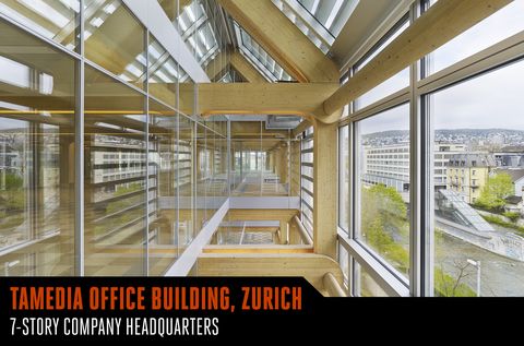 <p>Tucked into downtown Zurich, Switzerland, the seven-story headquarters for media company Tamedia puts wood on the forefront of architecture. Opened in 2013, the exterior stands out for its timber use, an aesthetic carried over fully to the interior with a celebration of wood. The design also focused on creating thermal barriers within the structure, heating and cooling spaces by the extraction of air and thereby creating a truly sustainable envelope of wood.</p>