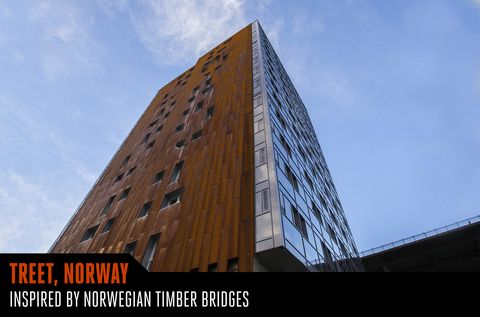 <p>Treet grabbed the world record for tallest timber construction at 170 feet in height when it soared past Australia's Forté in 2014. The designers started out just wanting to build a sustainable project in Bergen, Norway, and put a focus on using wood as they started planning this project inspired by Norwegian timber bridges. Soon they realized a world record was within reach. Treet is basically build of cross-laminated timber modules stacked upon each other, though engineers worked in concrete slabs twice during construction to add weight and keep the building from swaying.</p>