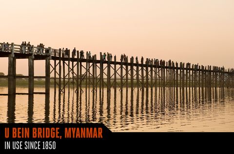 <p>The world's longest wooden bridge has stood since around 1850, providing a passage about 15 feet above mud flats and Taungthaman Lake. Made nearly exclusively from teakwood—legend has it the wood was taken from a former palace—this 3,960-foot bridge remains in use by both locals and tourists. </p>