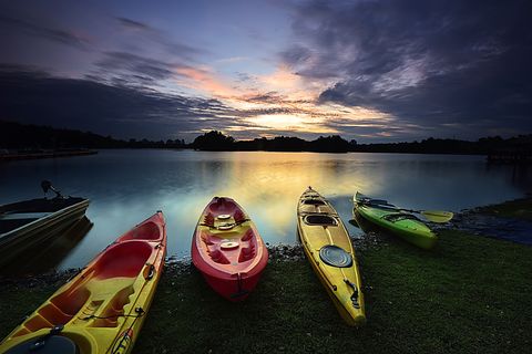 Watercraft, Boat, Dusk, Sunset, Reflection, Evening, Kayak, Boats and boating--Equipment and supplies, Sunrise, Afterglow, 