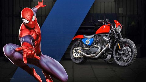 Motorcycle, Automotive tire, Fictional character, Fender, Spider-man, Carmine, Motorcycle accessories, Superhero, Fuel tank, Auto part, 