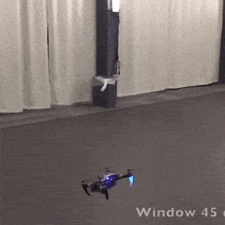An unrelated drone flying through an unrelated window. 
