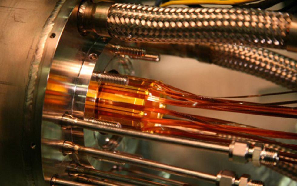 ALPHA's antimatter trap, that uses electrodes (gold) to combine positrons and antiprotons to form antihydrogen.