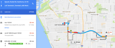 The route from SpaceX to LAX. Note the heavy traffic.