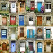 Facade, Green, Colorfulness, Building, Door, Fixture, Residential area, Paint, Urban design, Home door, 